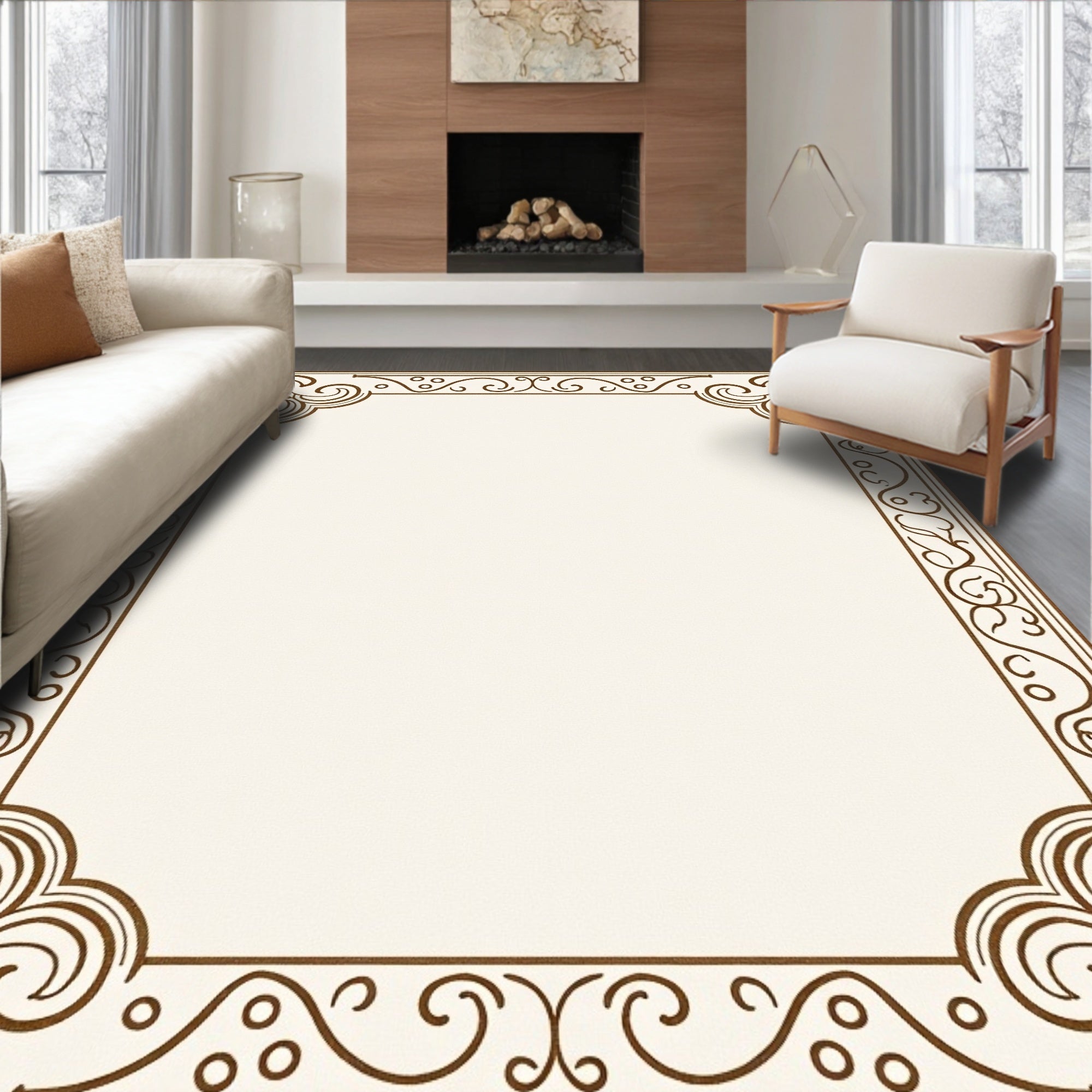 Brown Ornate Swirl Scroll Border Rug