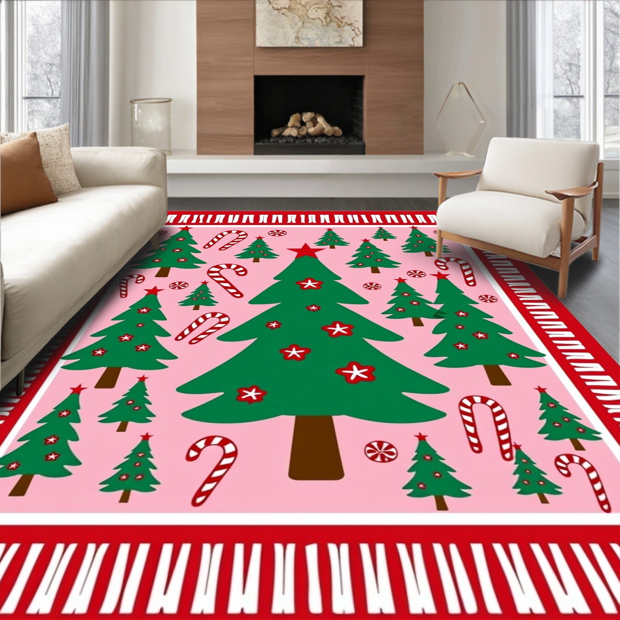 Pink Christmas Trees Candy Canes Border Rug