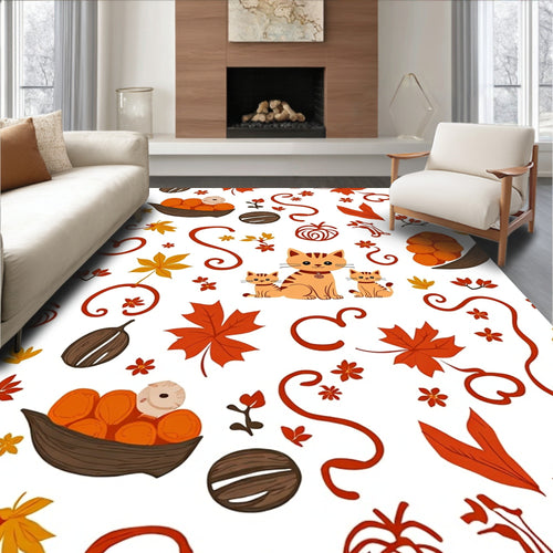 Autumn Kittens Maple Leaves Pumpkin Swirls Rug