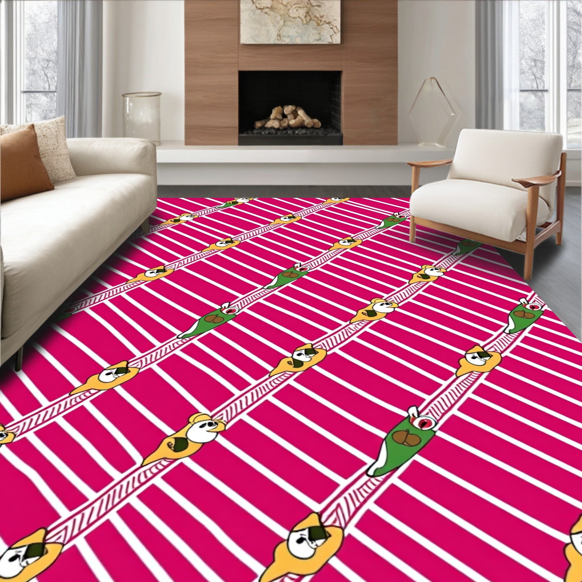 Playful Pink Striped Characters Rug
