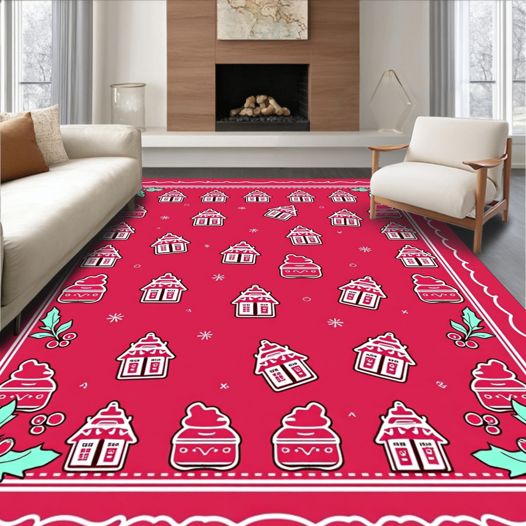 Red Gingerbread Houses Holly Rug