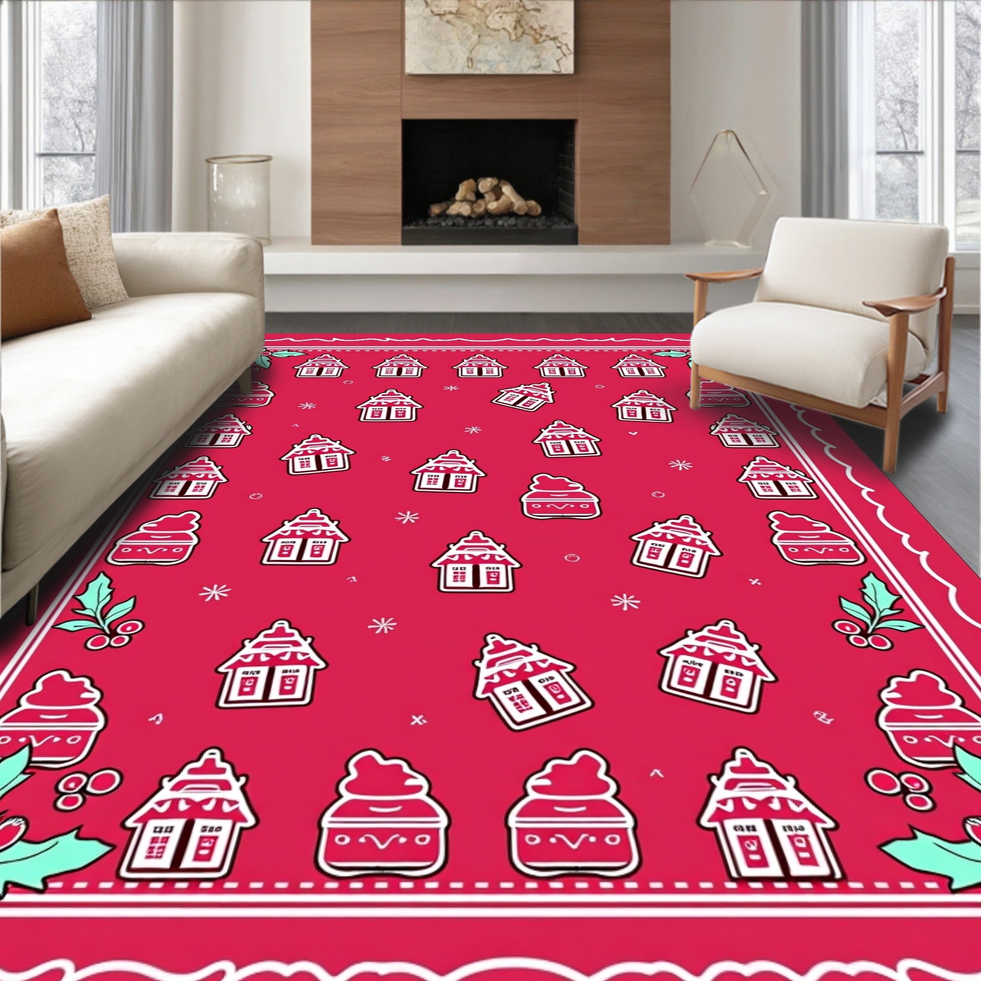 Red Gingerbread Houses Holly Rug