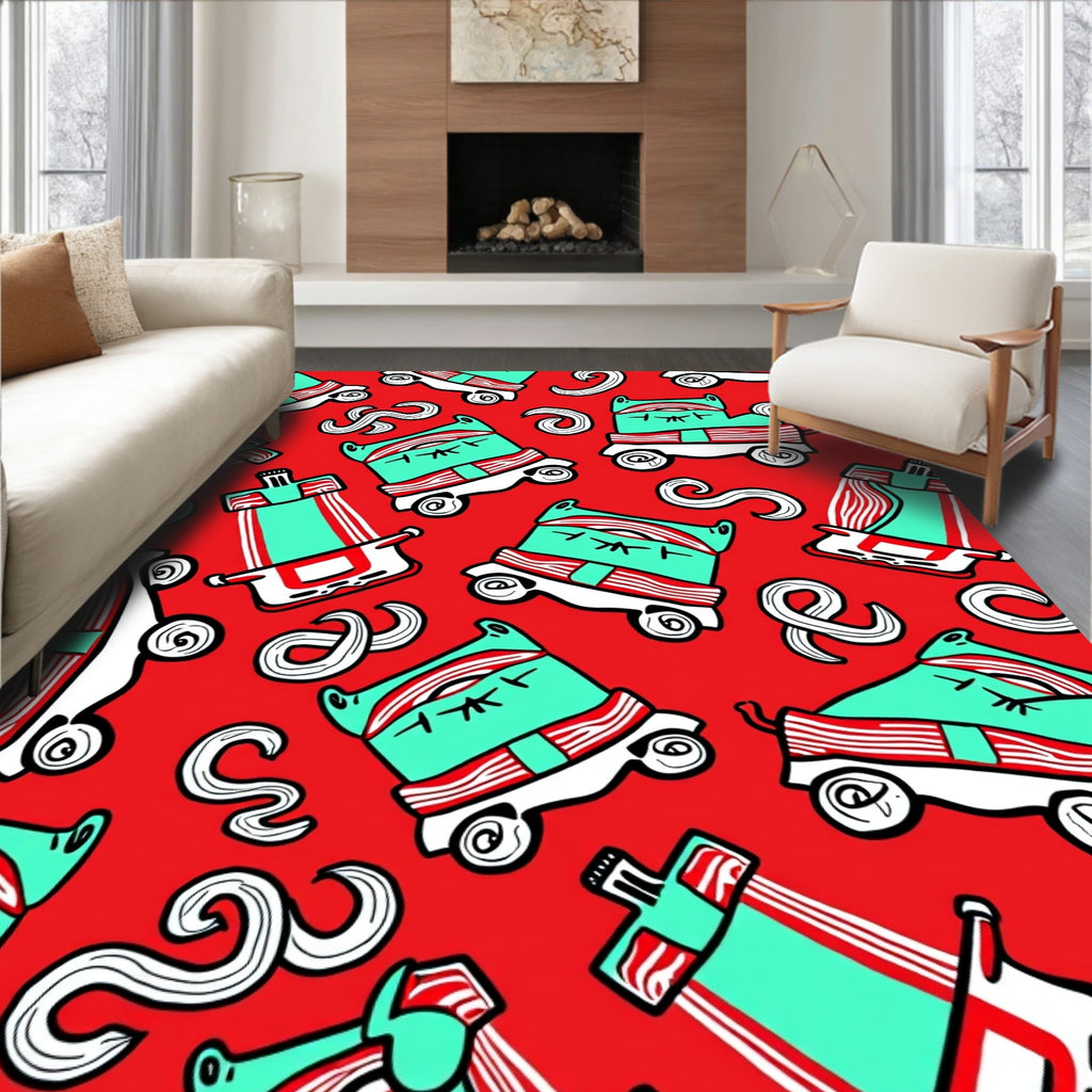 Red Teal Cartoon Animal Wheels Rug