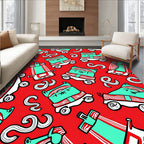 Red Teal Cartoon Animal Wheels Rug
