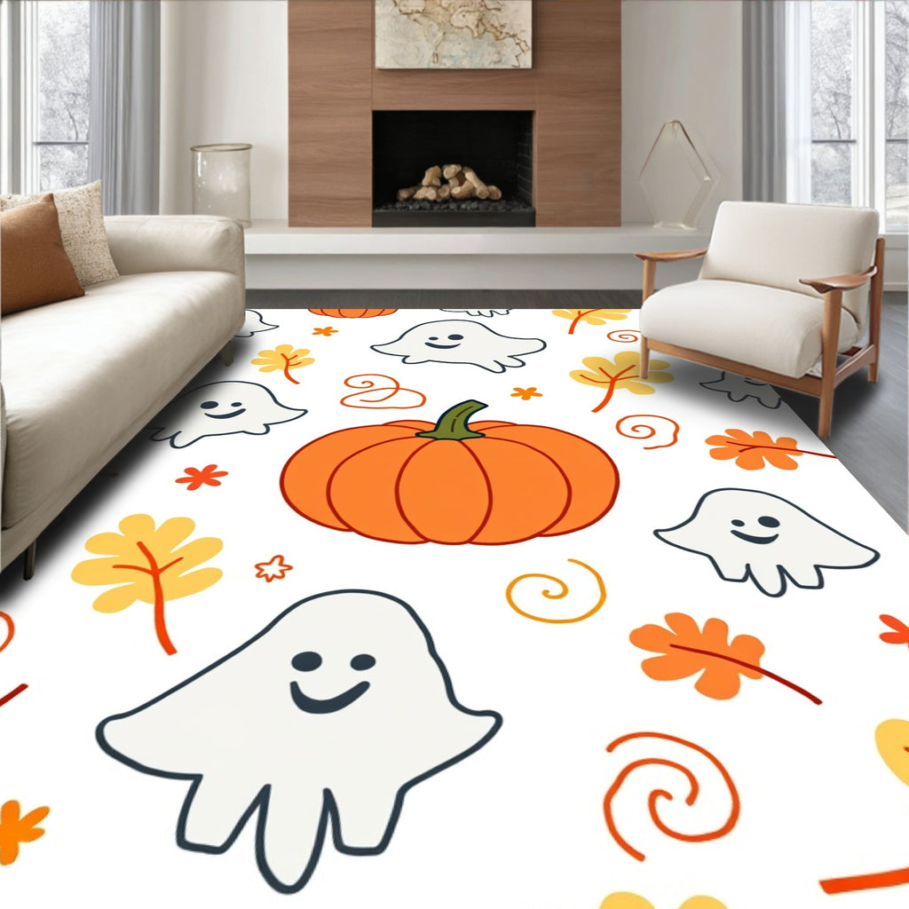 Whimsical Ghost Pumpkin Autumn Leaves Rug