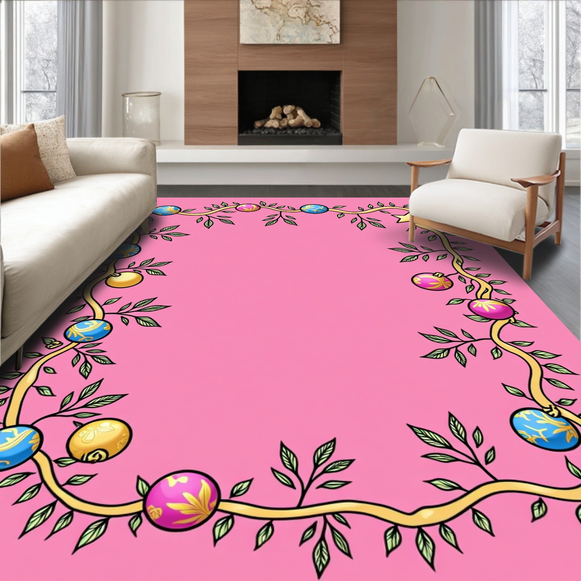 Golden Vine Blue Pink Ornaments Rug