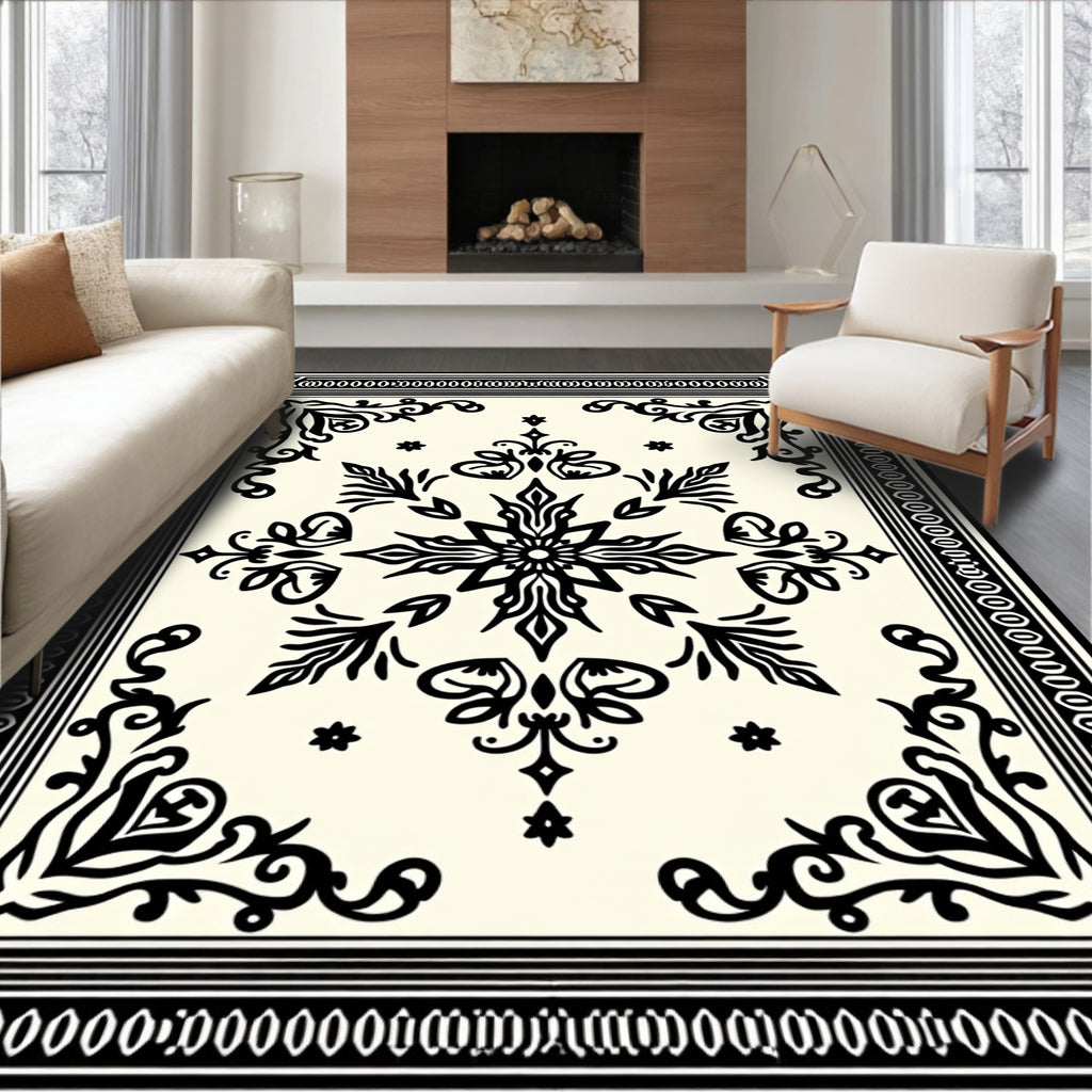 Ornate Black Classic Floral Medallion Cream Rug