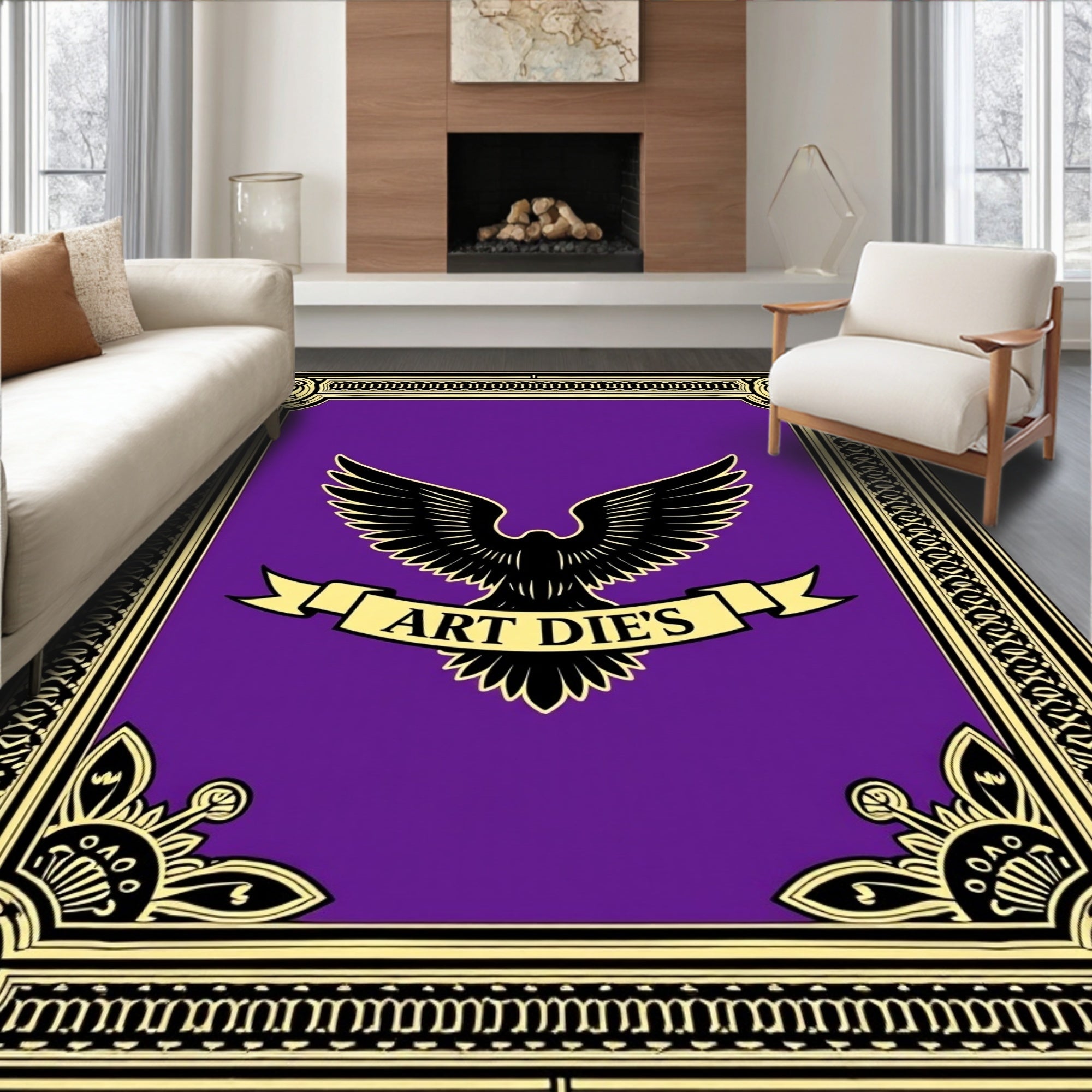 Ornate Black Eagle Purple Gold Border Rug