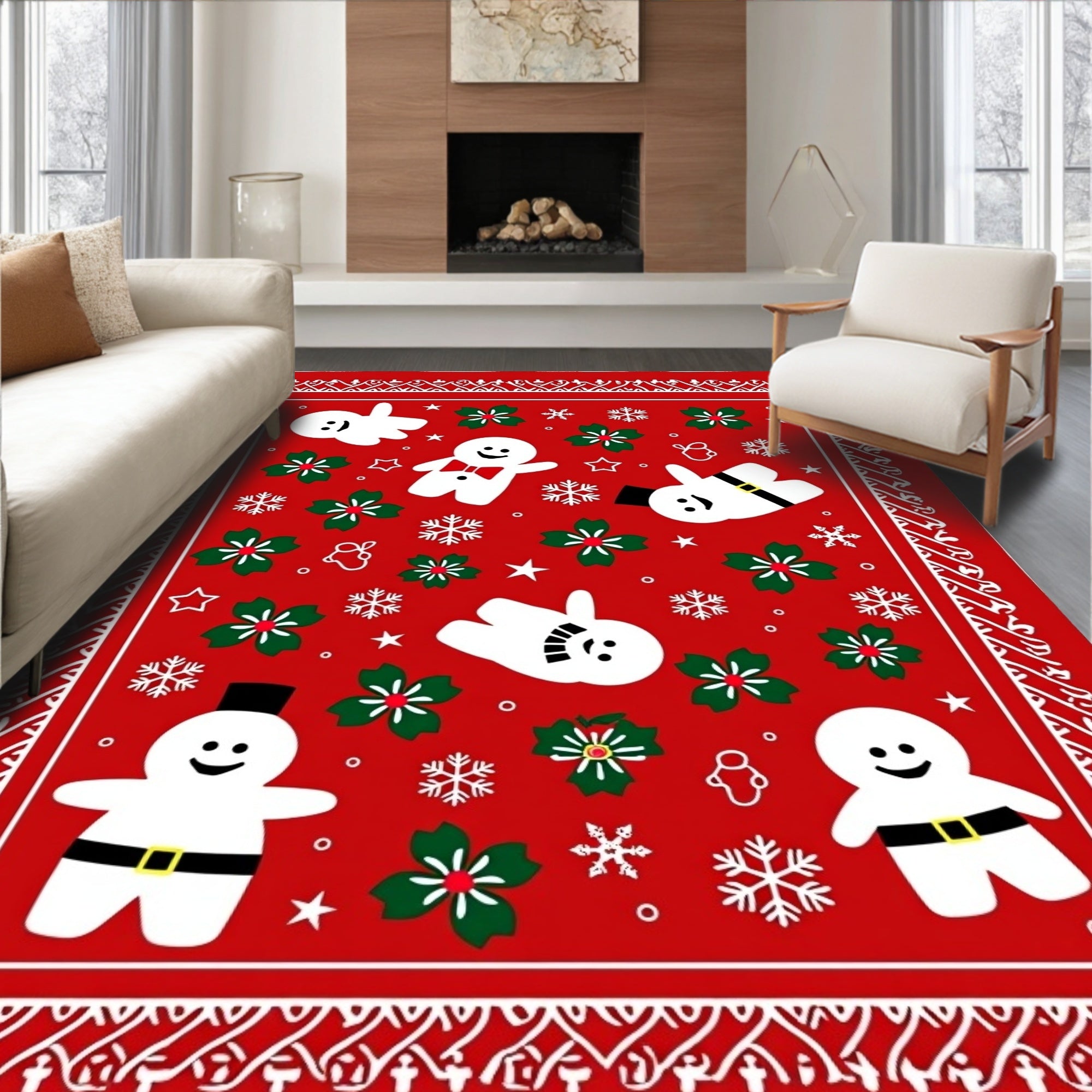 Cheery Snowman Gingerbread Holiday Red Rug