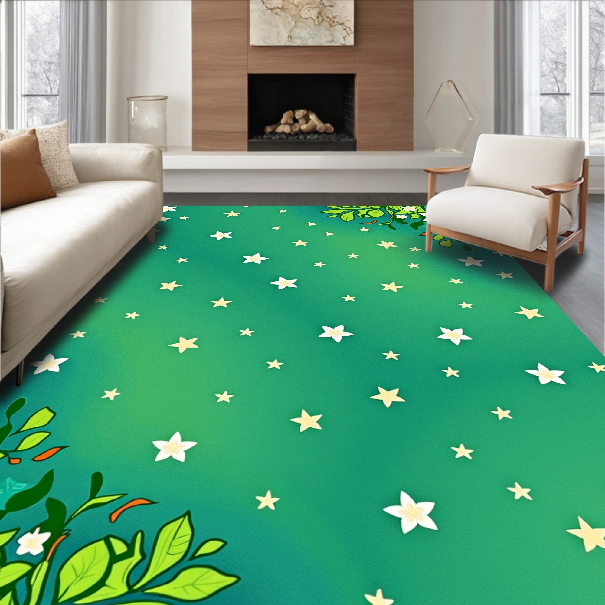 Enchanting Green Starry Floral Meadow Rug