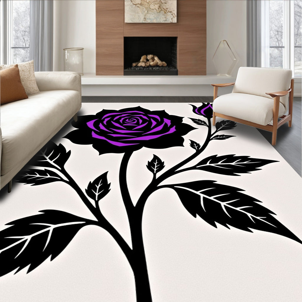 Vibrant Black Purple Rose Branch Rug