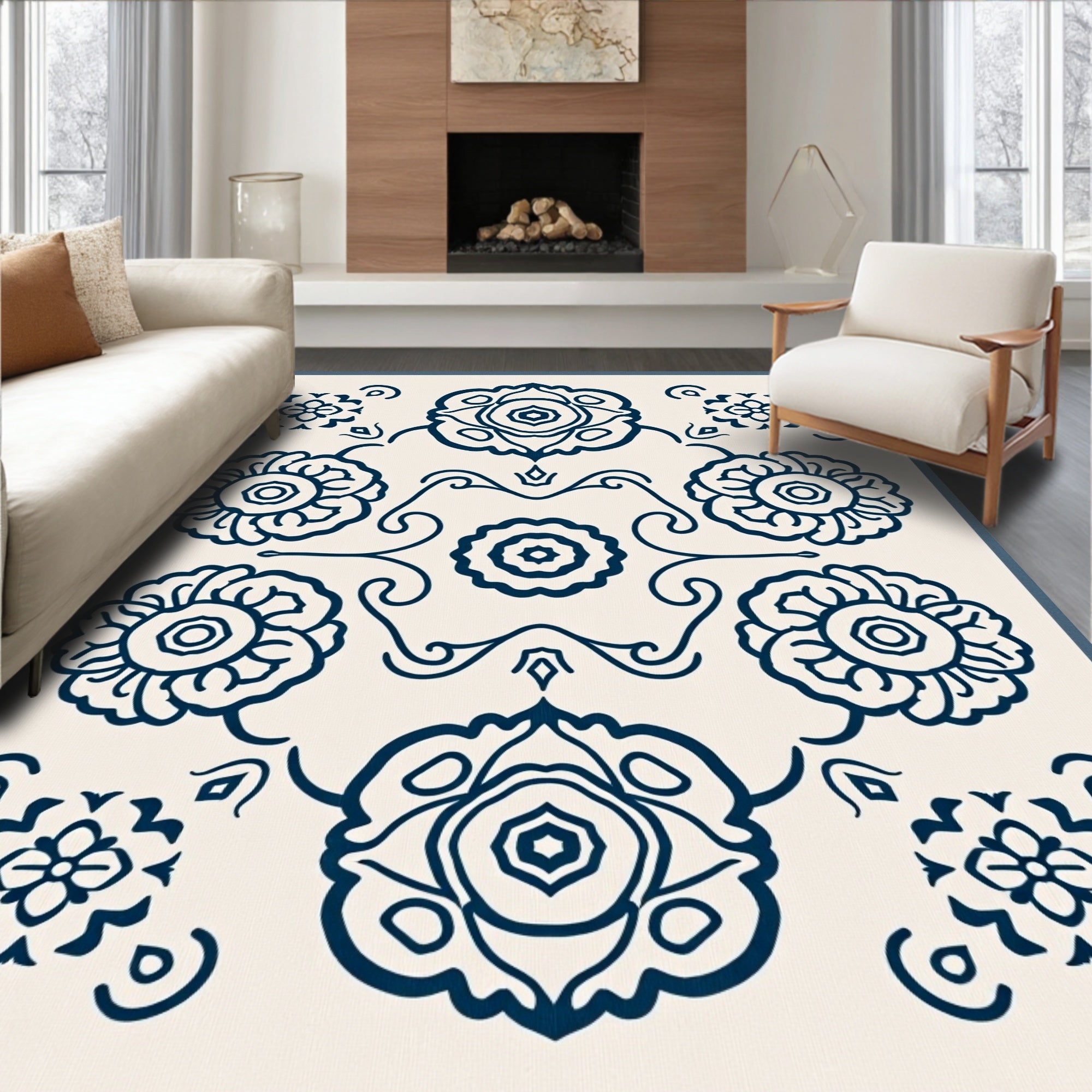 Navy Floral Medallion Arrangement Rug