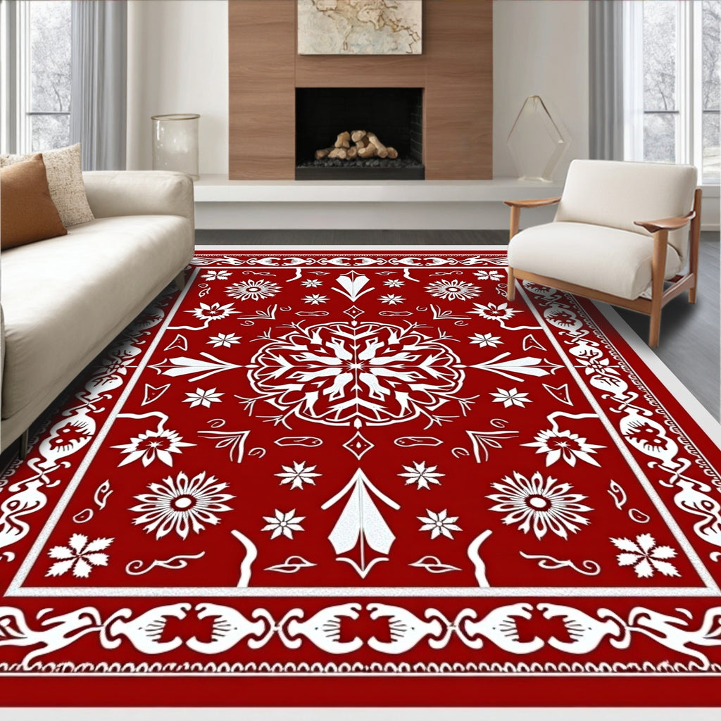 Crimson white floral centerpiece and border Rug