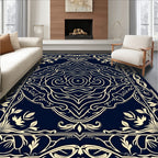 Dark Blue Ivory Floral Scroll Medallion Rug