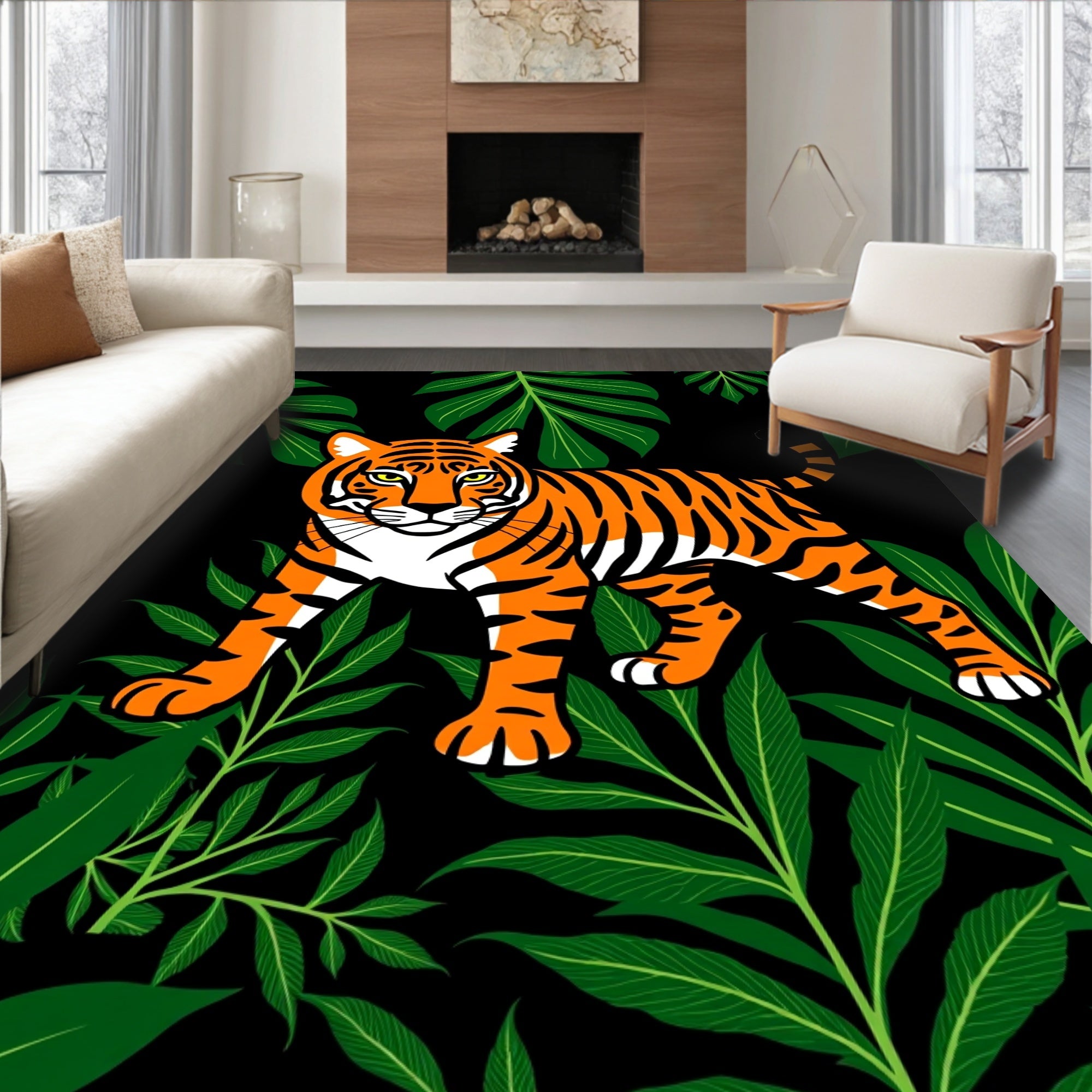 Vibrant Orange Tiger Jungle Foliage Rug