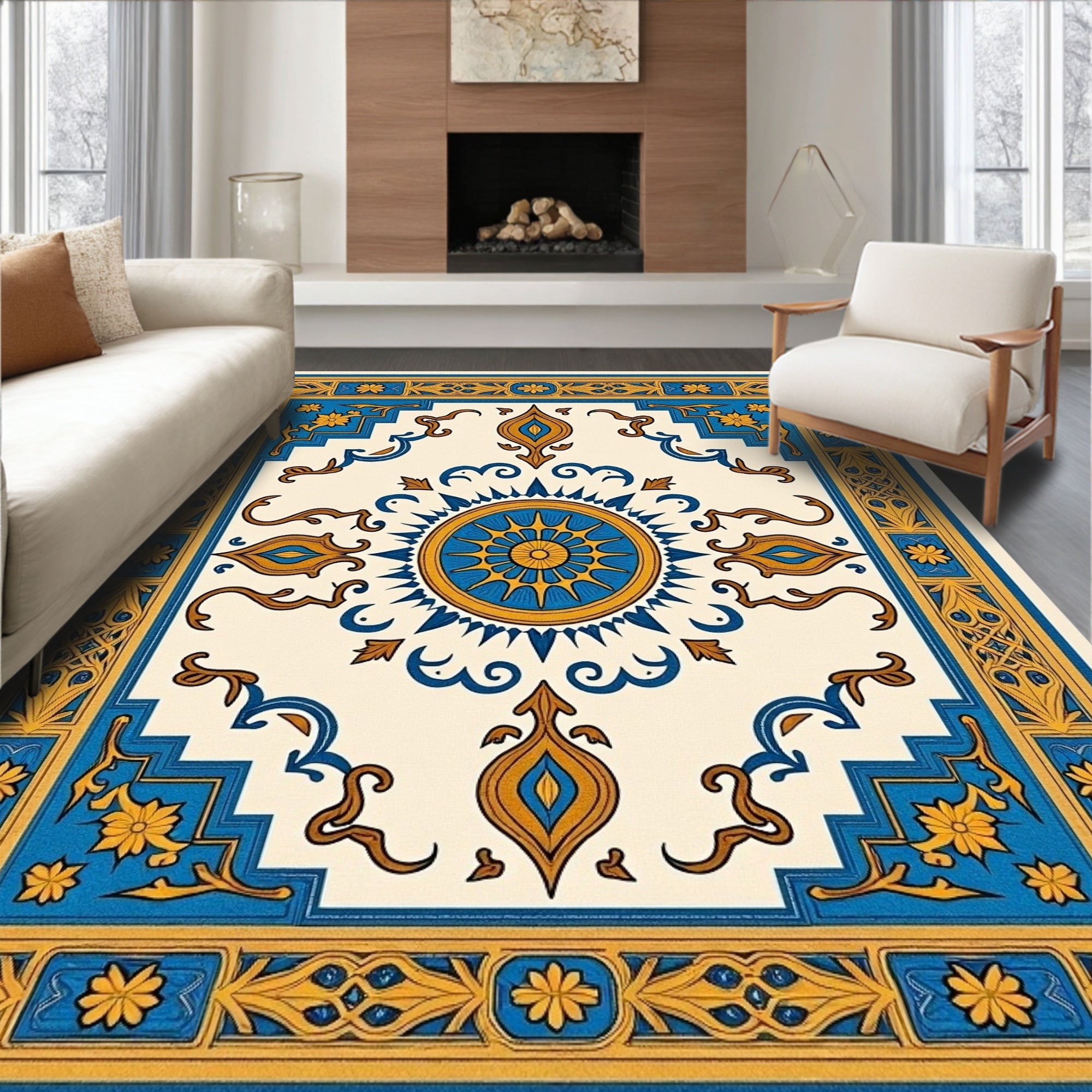 Blue Gold Sun Medallion Floral Rug