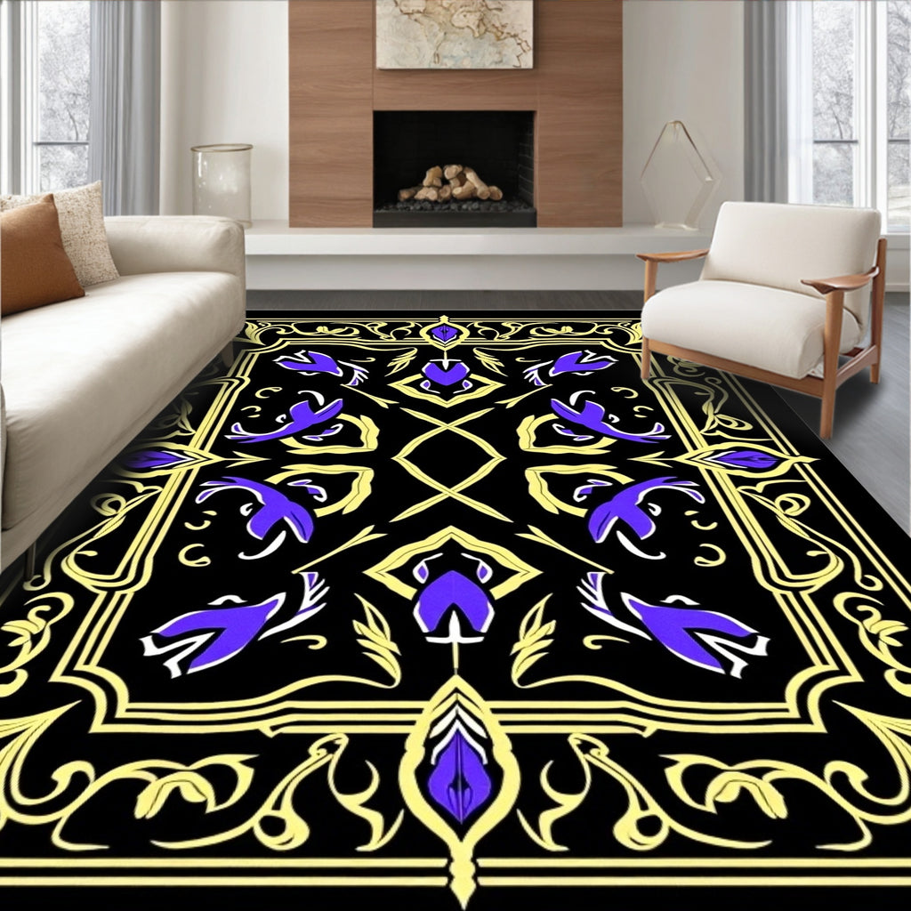 Black Violet Gold Floral Scroll Rug