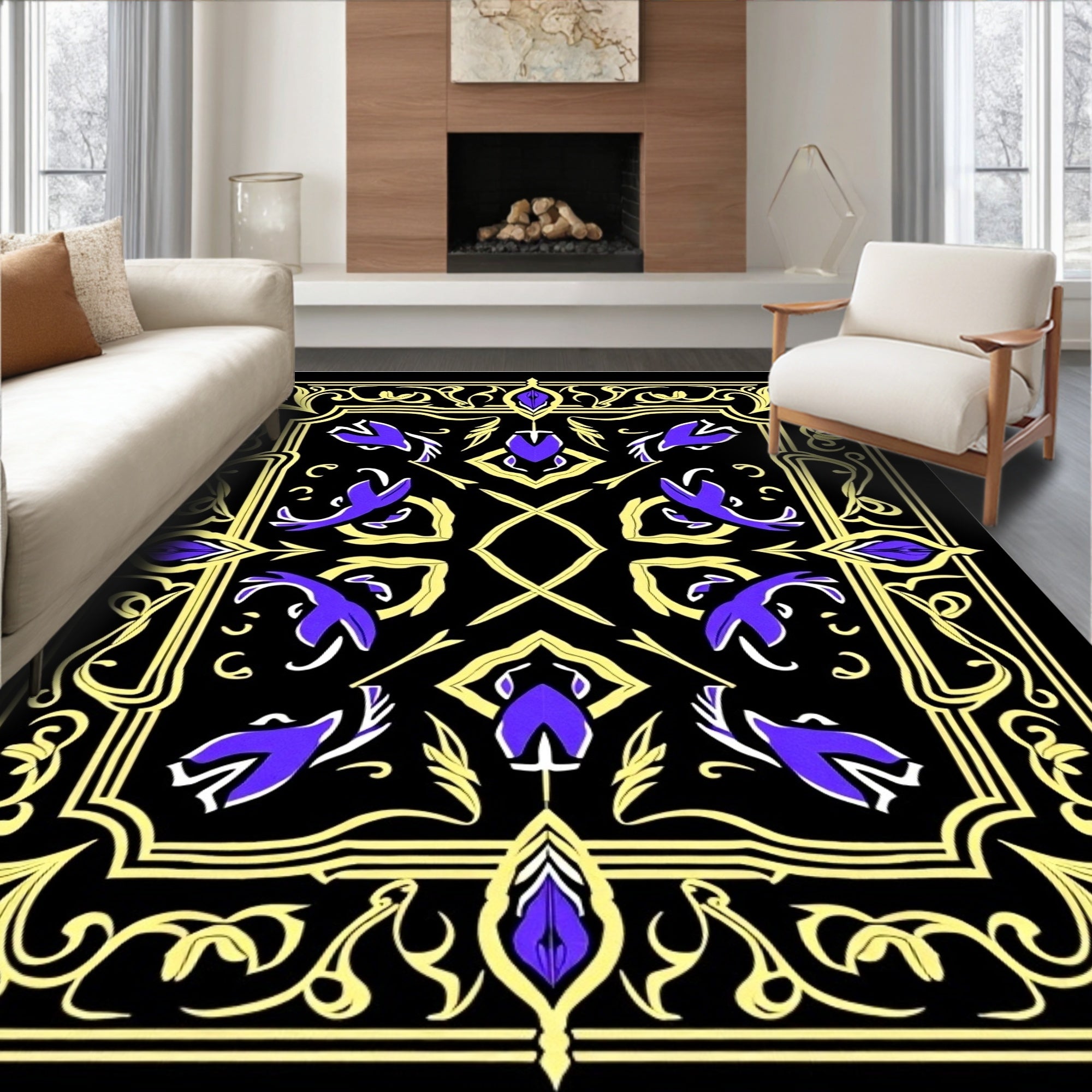Black Violet Gold Floral Scroll Rug