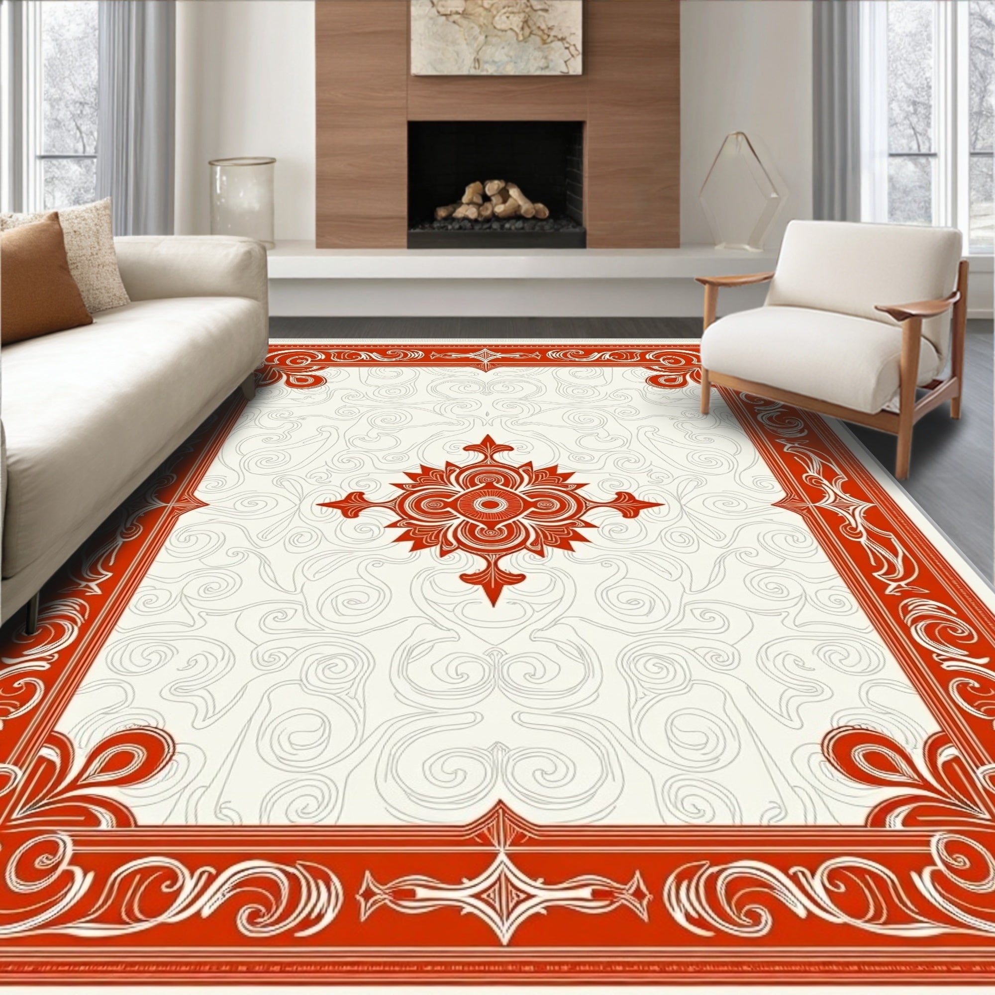 Crimson Ornate Scrollwork Central Medallion Rug