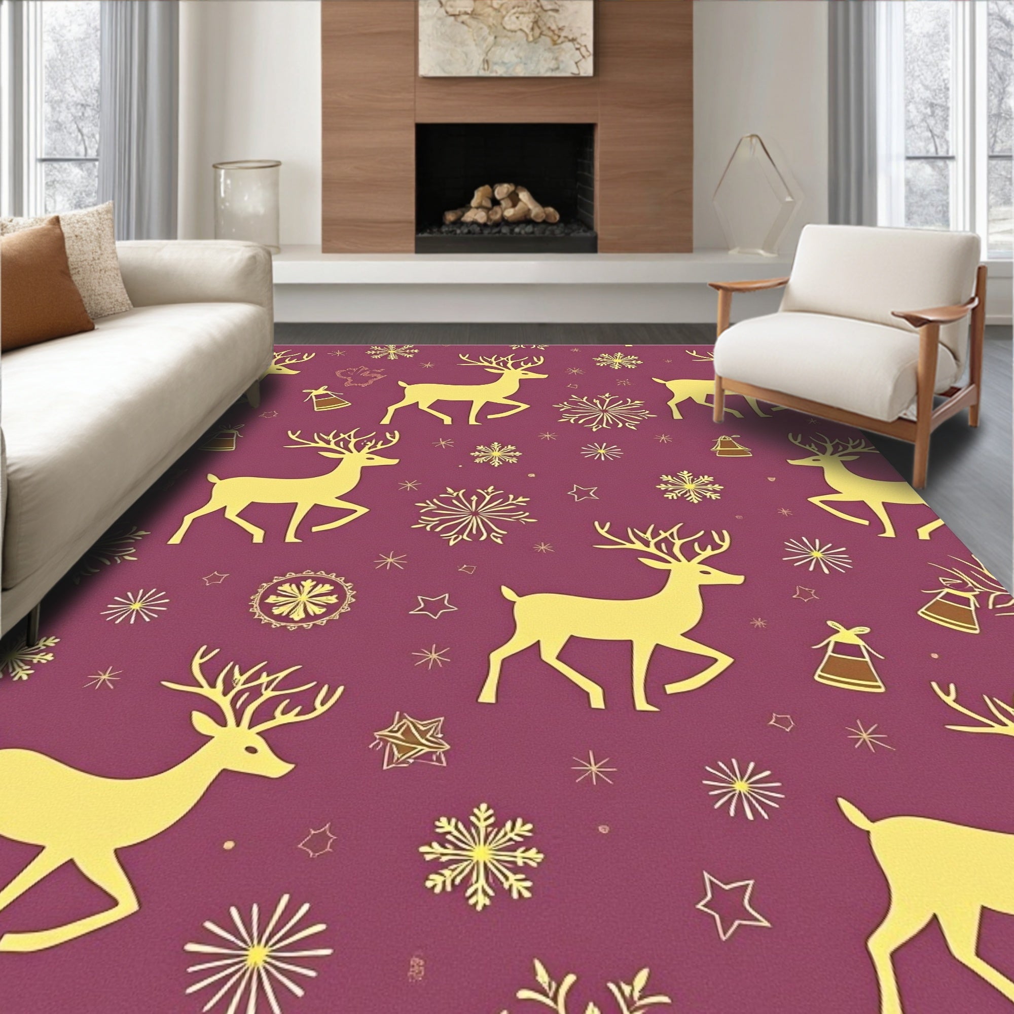 Golden Reindeer Snowflakes Plum Whimsical Rug