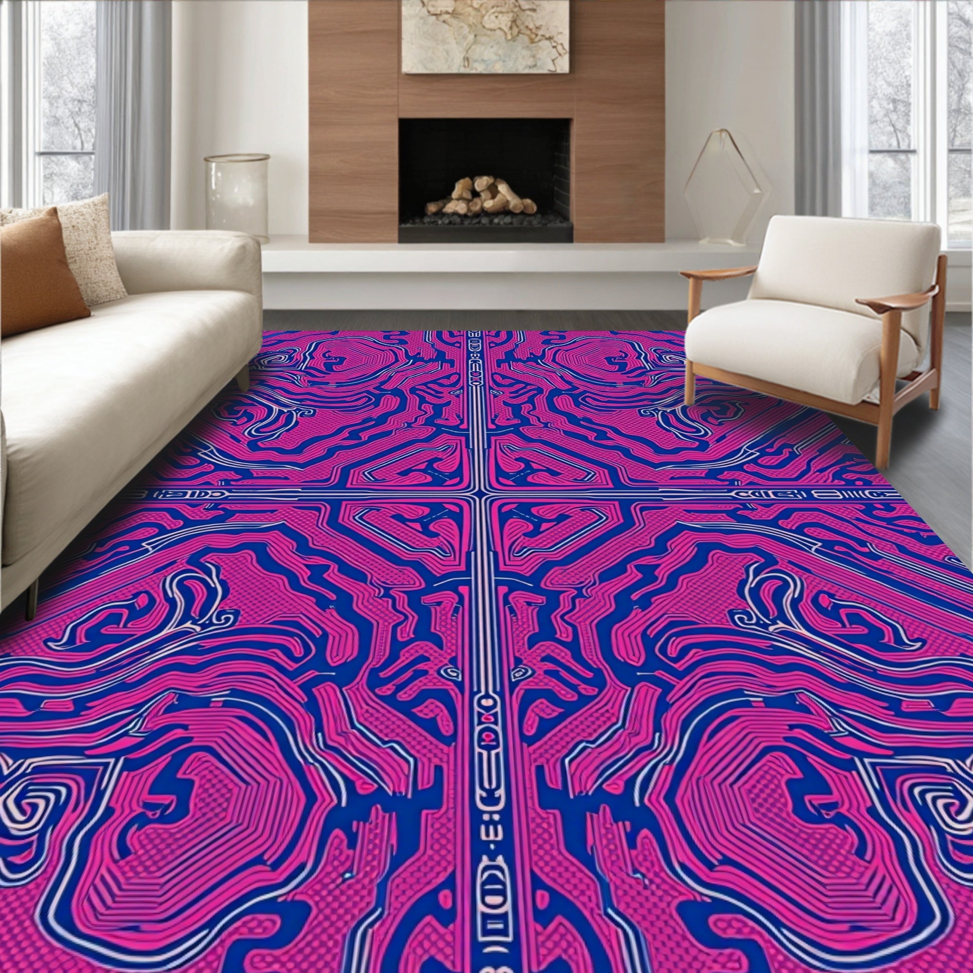 Vibrant Pink Circuit Board Symmetry Rug