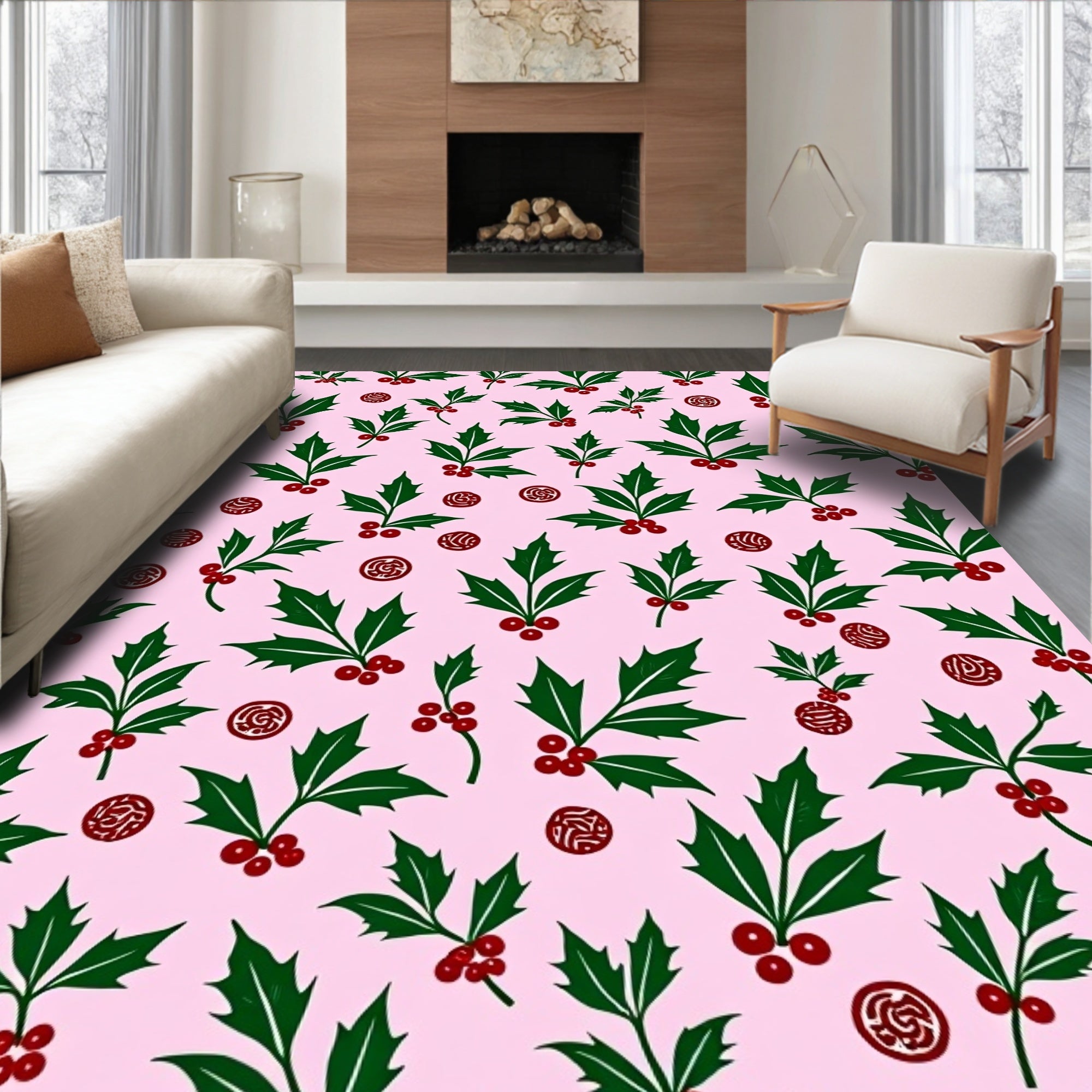 Festive Green Holly Berry Circles Rug