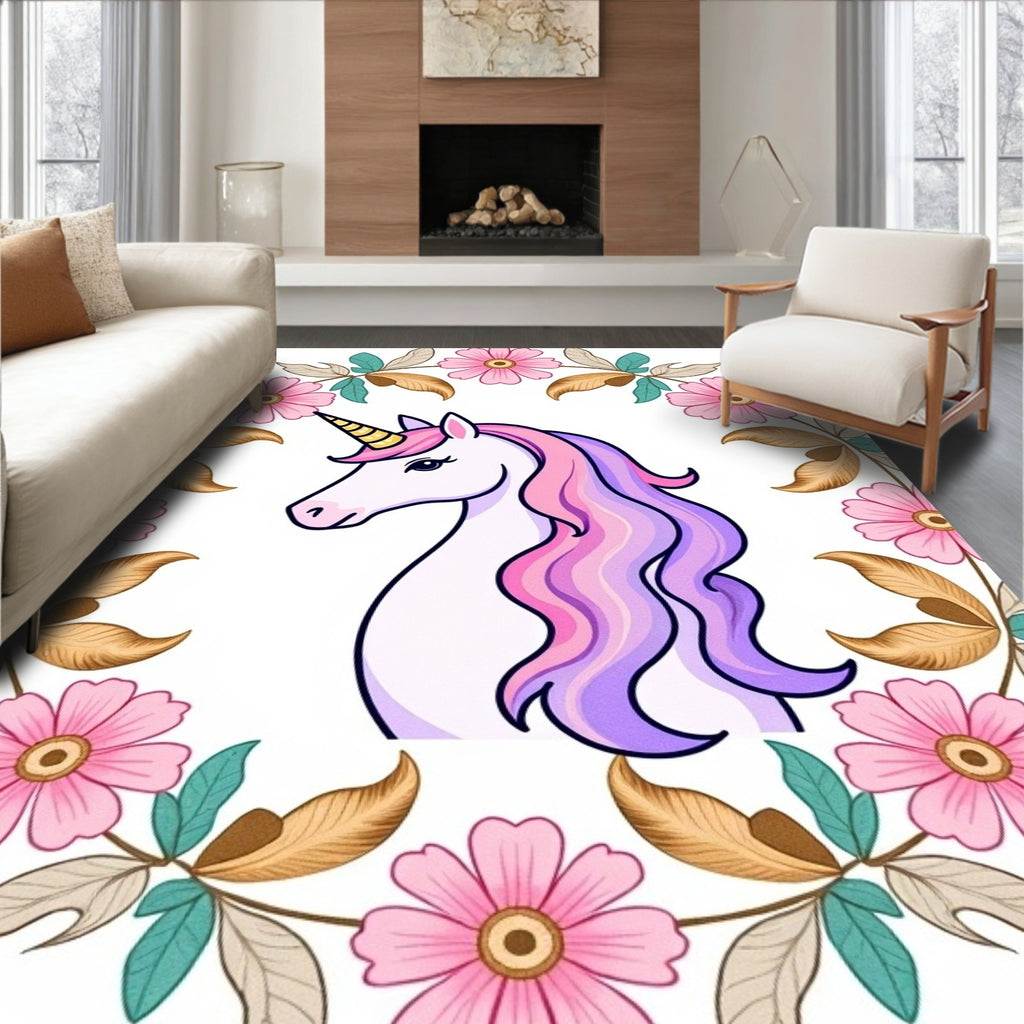 Whimsical Unicorn Floral Wreath Rug