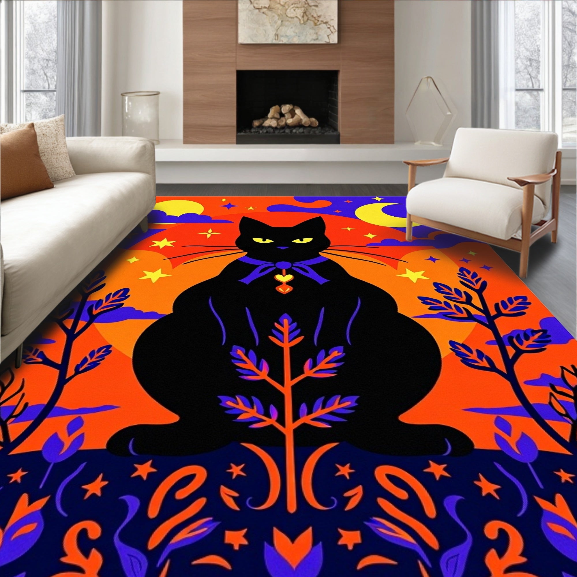 Mystic Black Cat Starry Night Garden Rug