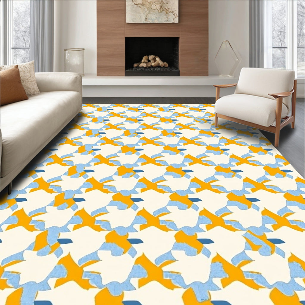 Golden Blue Interlocking Shapes Rug