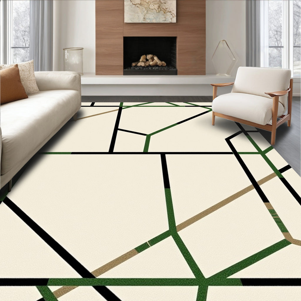 Modern Black Green Geometric Grid Rug