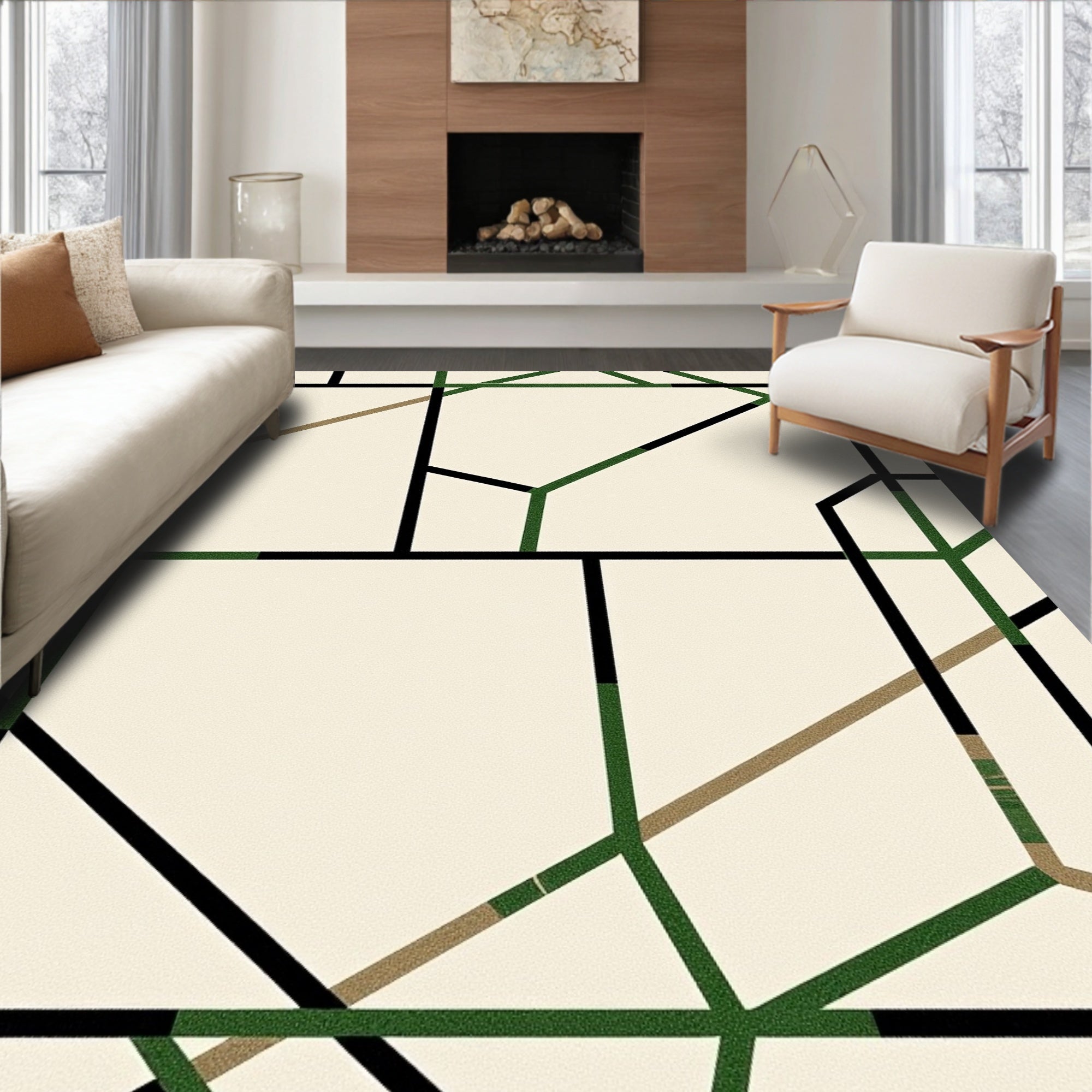 Modern Black Green Geometric Grid Rug