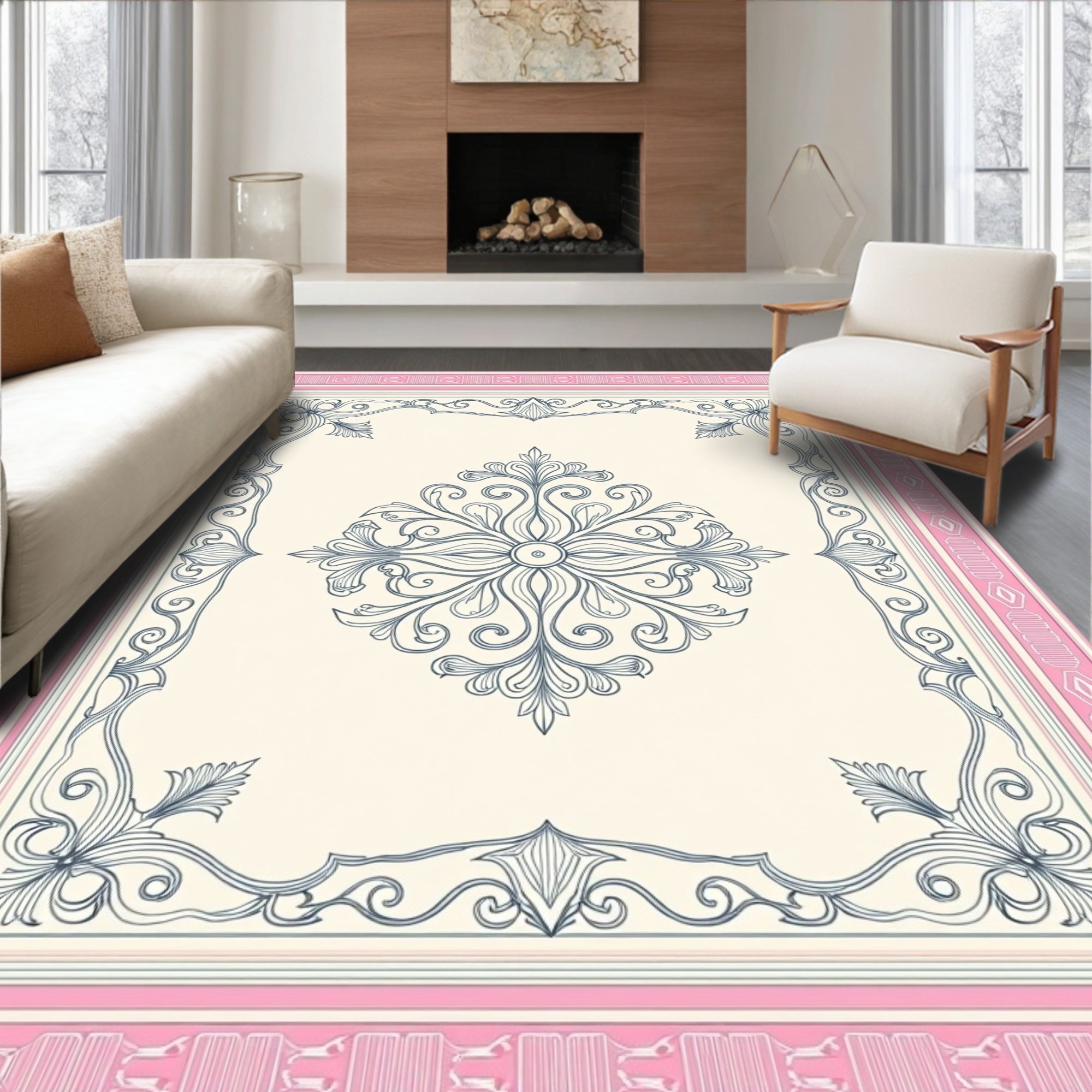 Pink Ivory Vintage Floral Medallion Rug