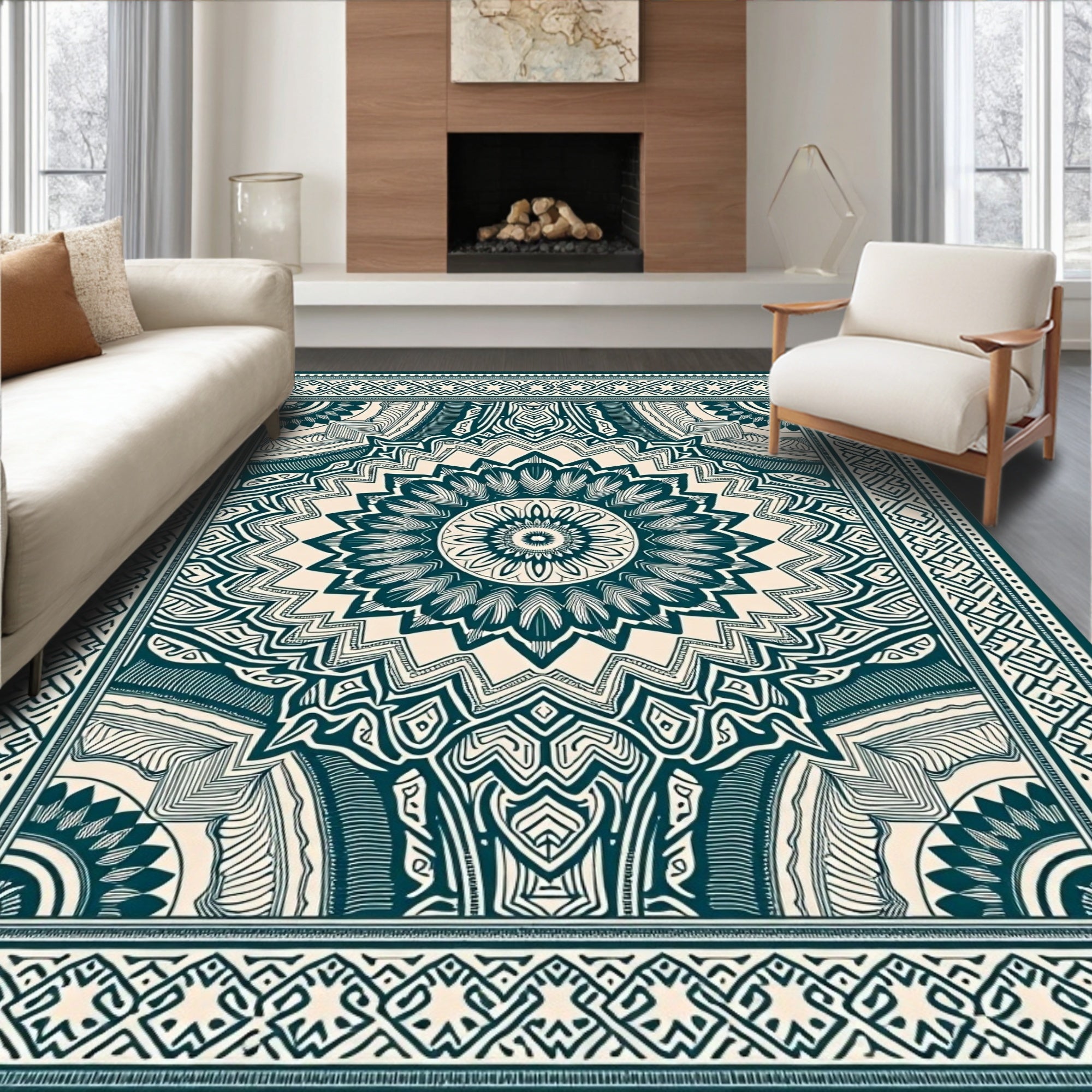 Deep Teal Intricate Mandala Border Rug