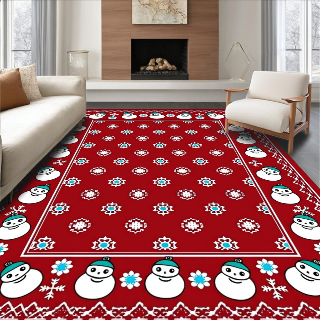 Festive Red Snowman Snowflake Border Rug