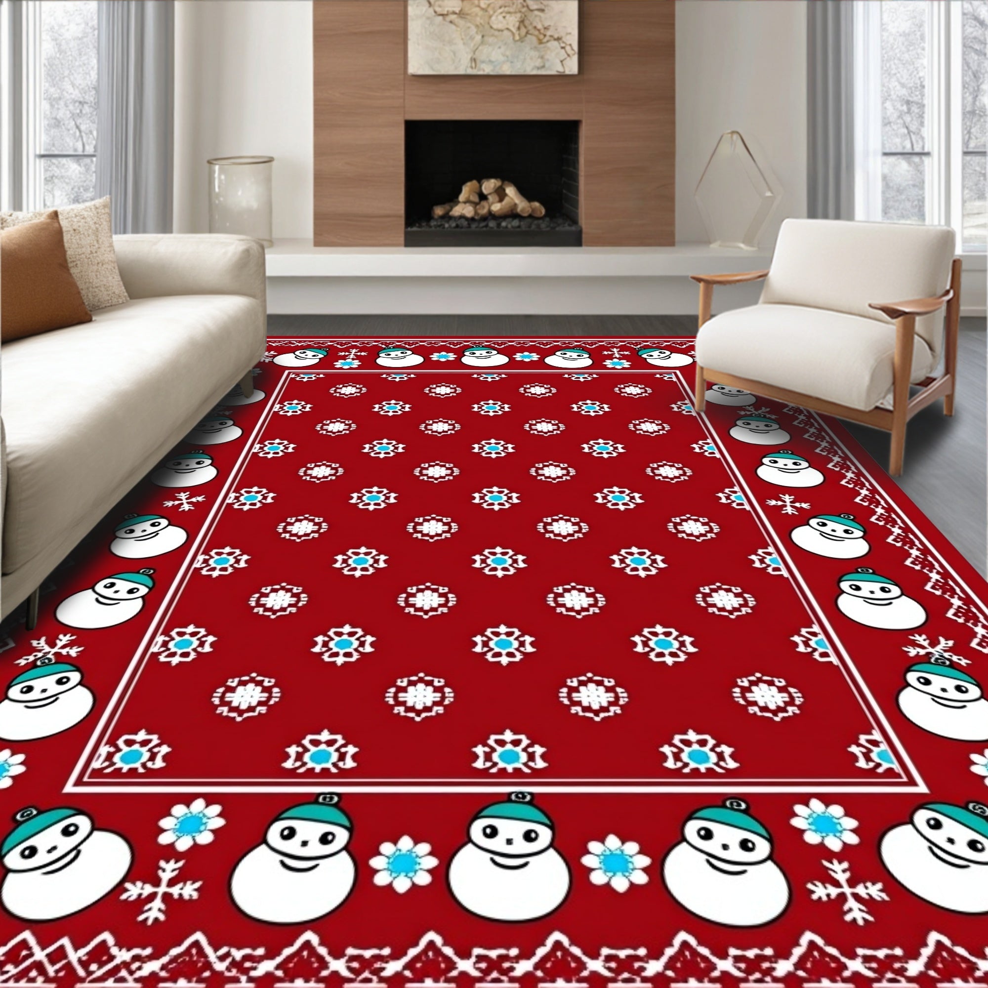 Festive Red Snowman Snowflake Border Rug