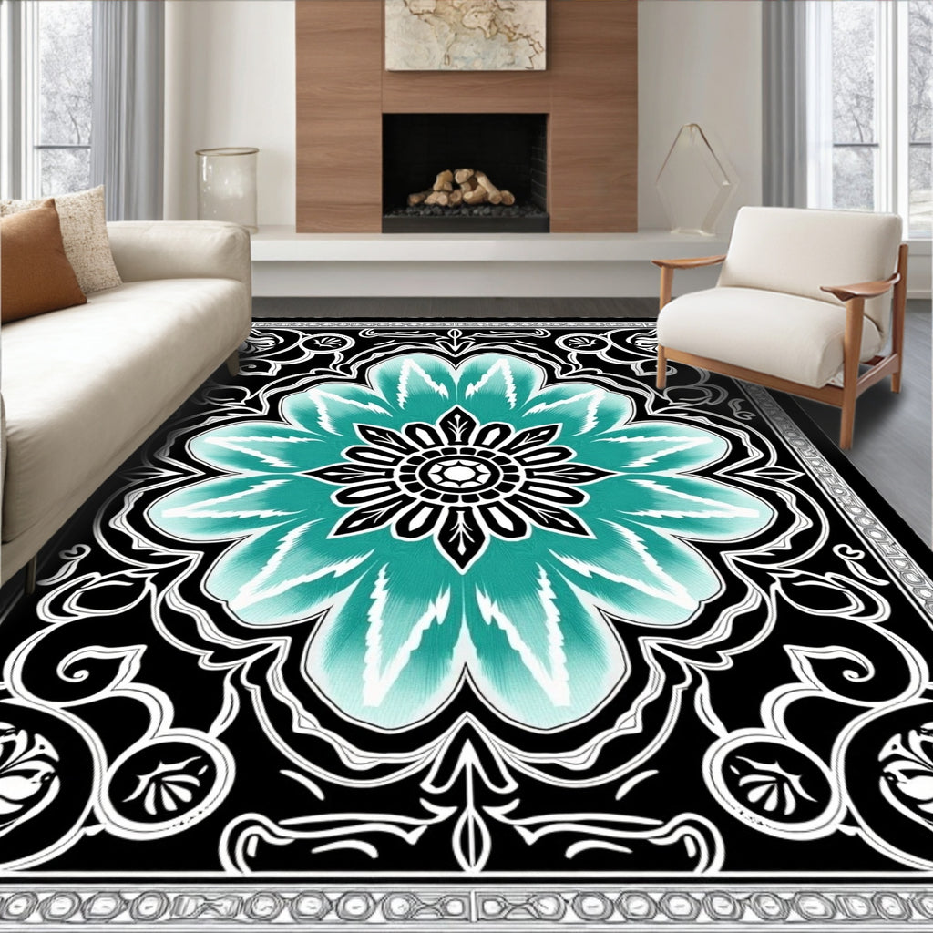 Turquoise Teal Floral Medallion Rug