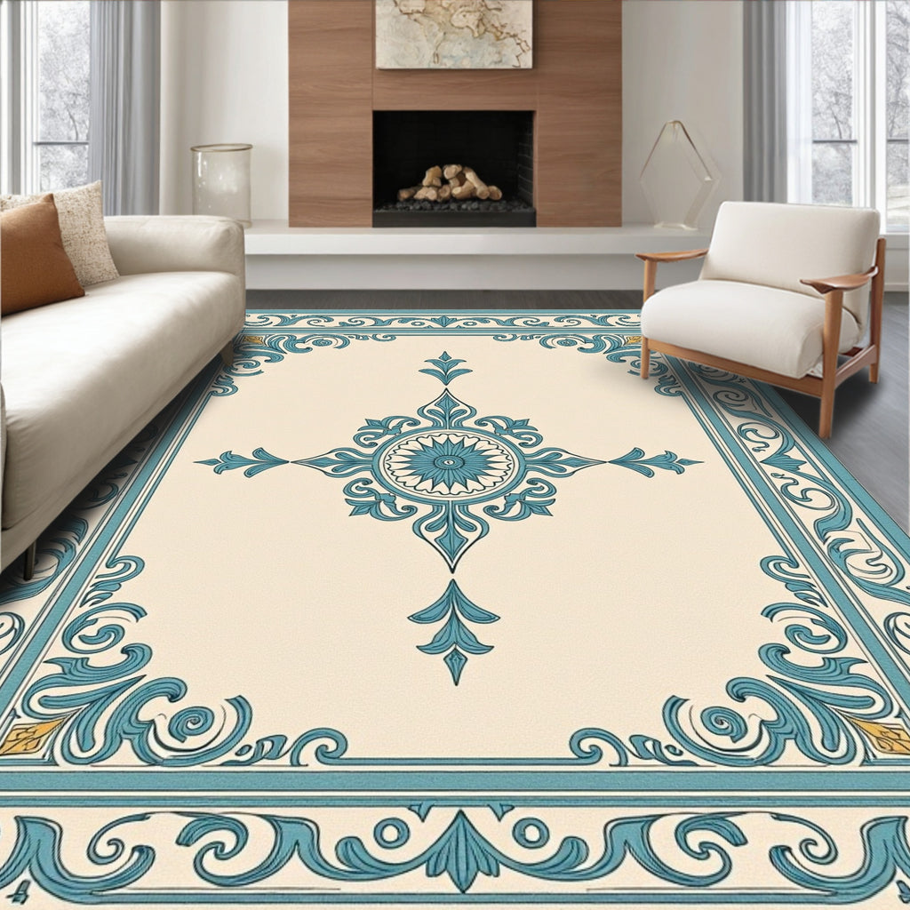 Elegant Teal Floral Medallion Border Rug