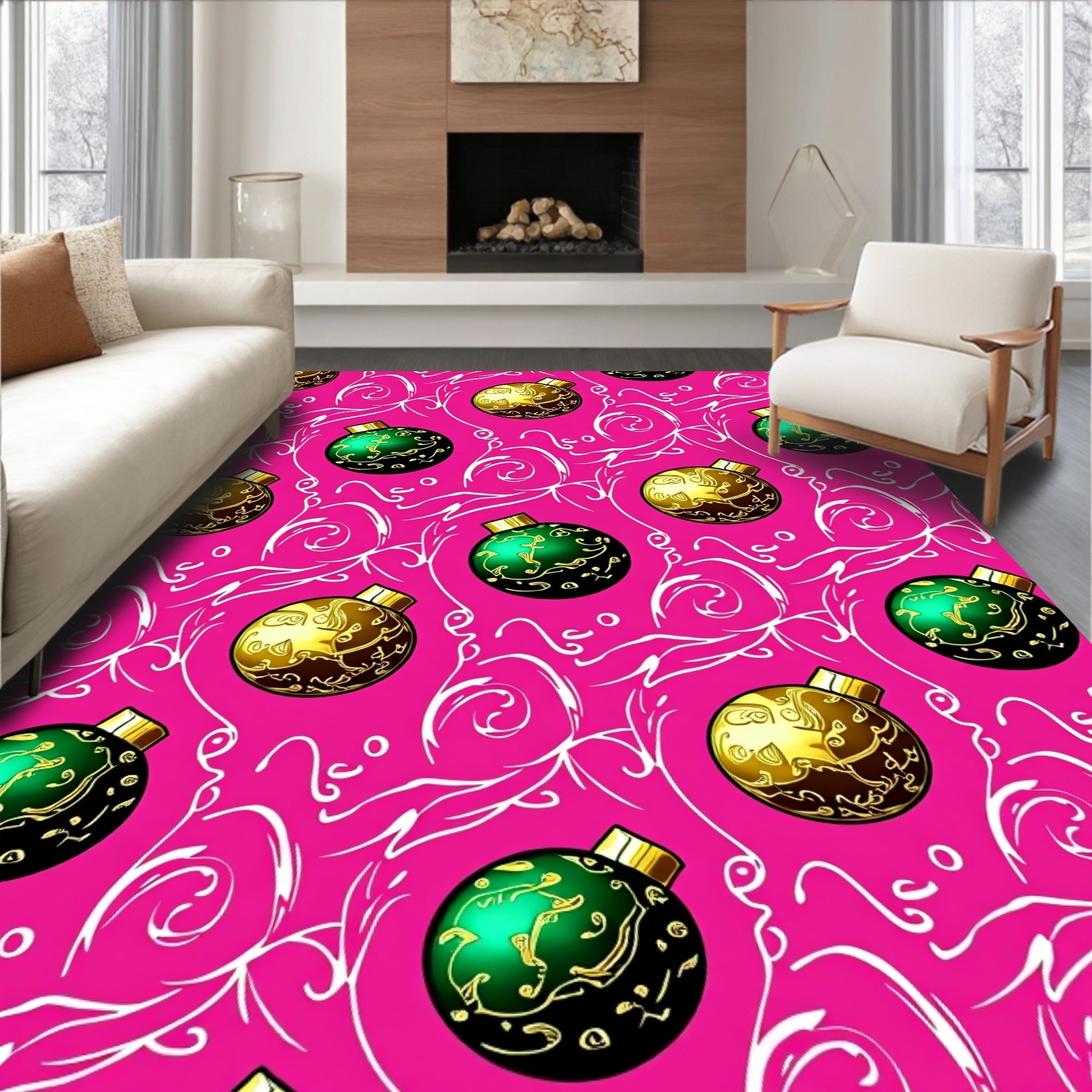 Vivid Pink Emerald Gold Ornament Swirls Rug