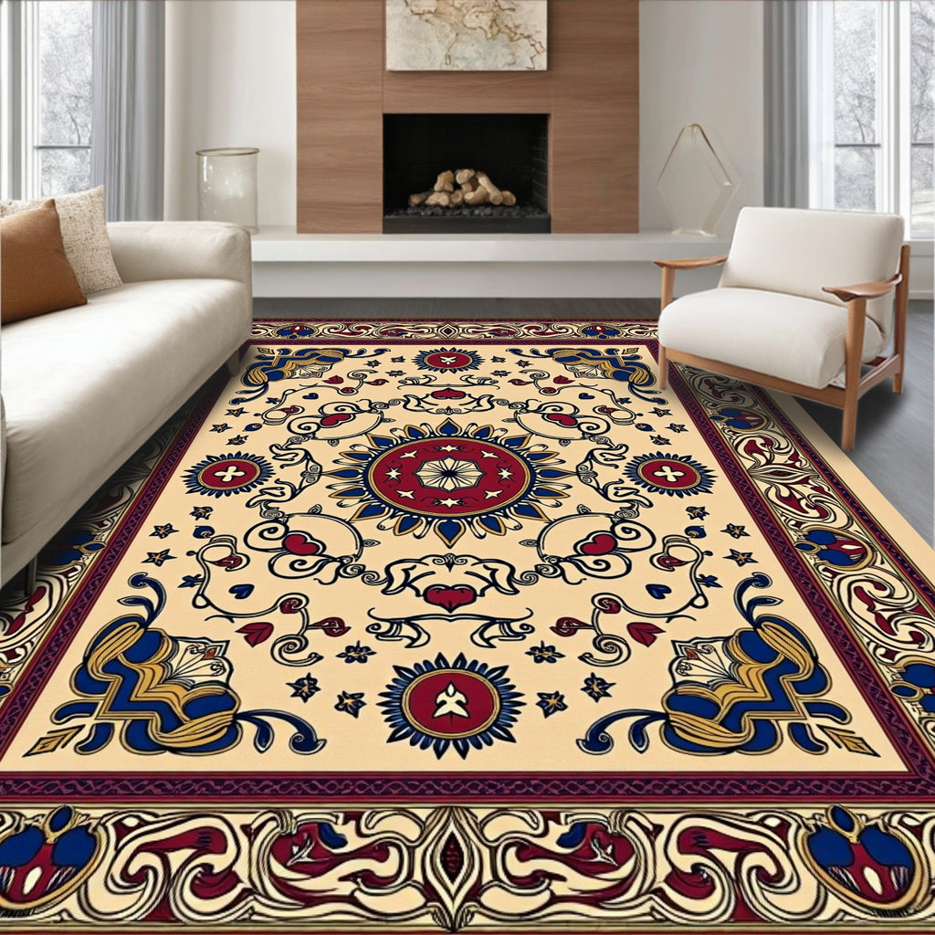 Ornate Crimson Blue Medallion Borders Rug