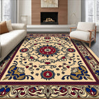 Ornate Crimson Blue Medallion Borders Rug