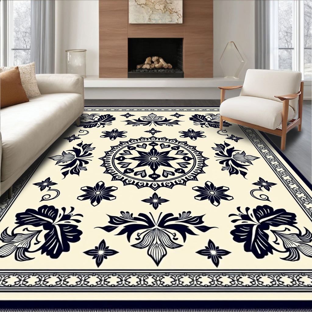 Cream Navy Ornate Bloom Mandala Rug