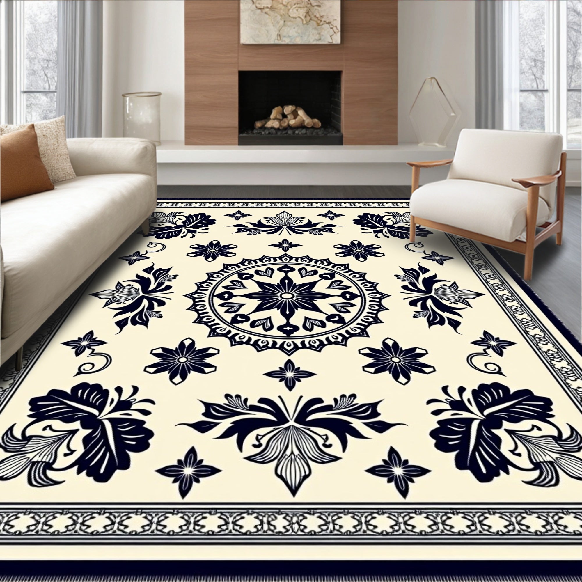 Cream Navy Ornate Bloom Mandala Rug
