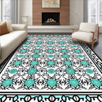 Aqua and Black Ornate Damask Rug