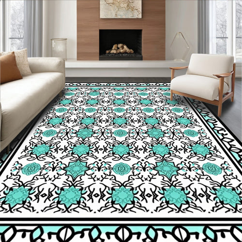 Aqua and Black Ornate Damask Rug