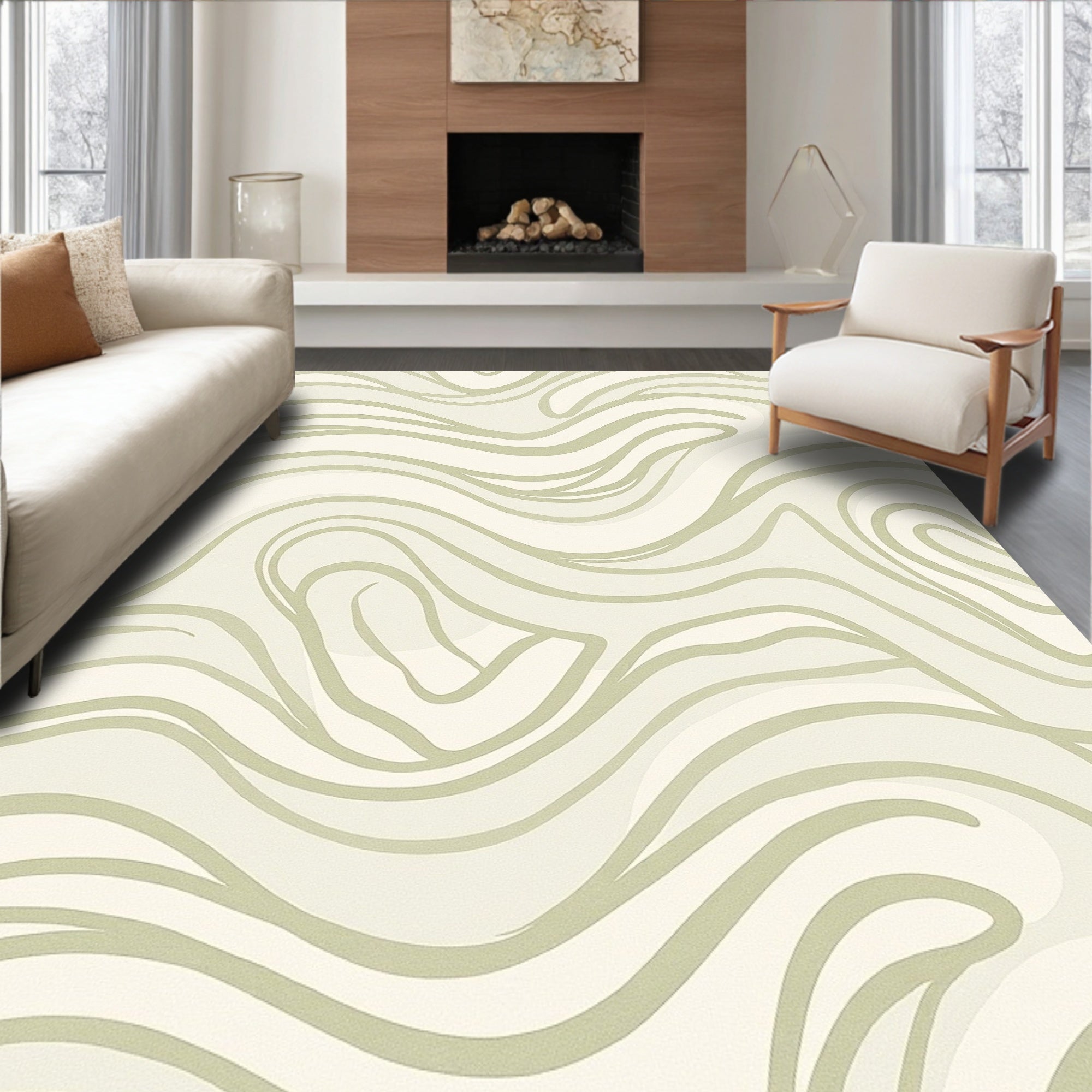 Creamy Sage Abstract Wave Rug