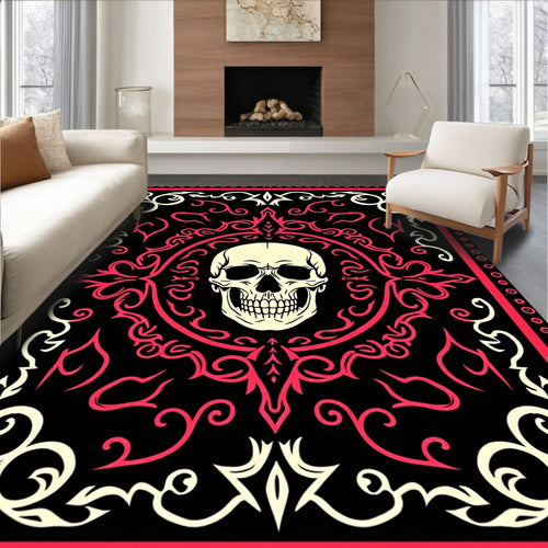 Black Crimson Skull Baroque Border Rug