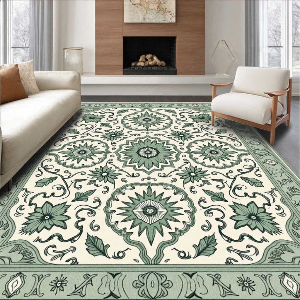 Sage Green Floral Medallion Tapestry Rug