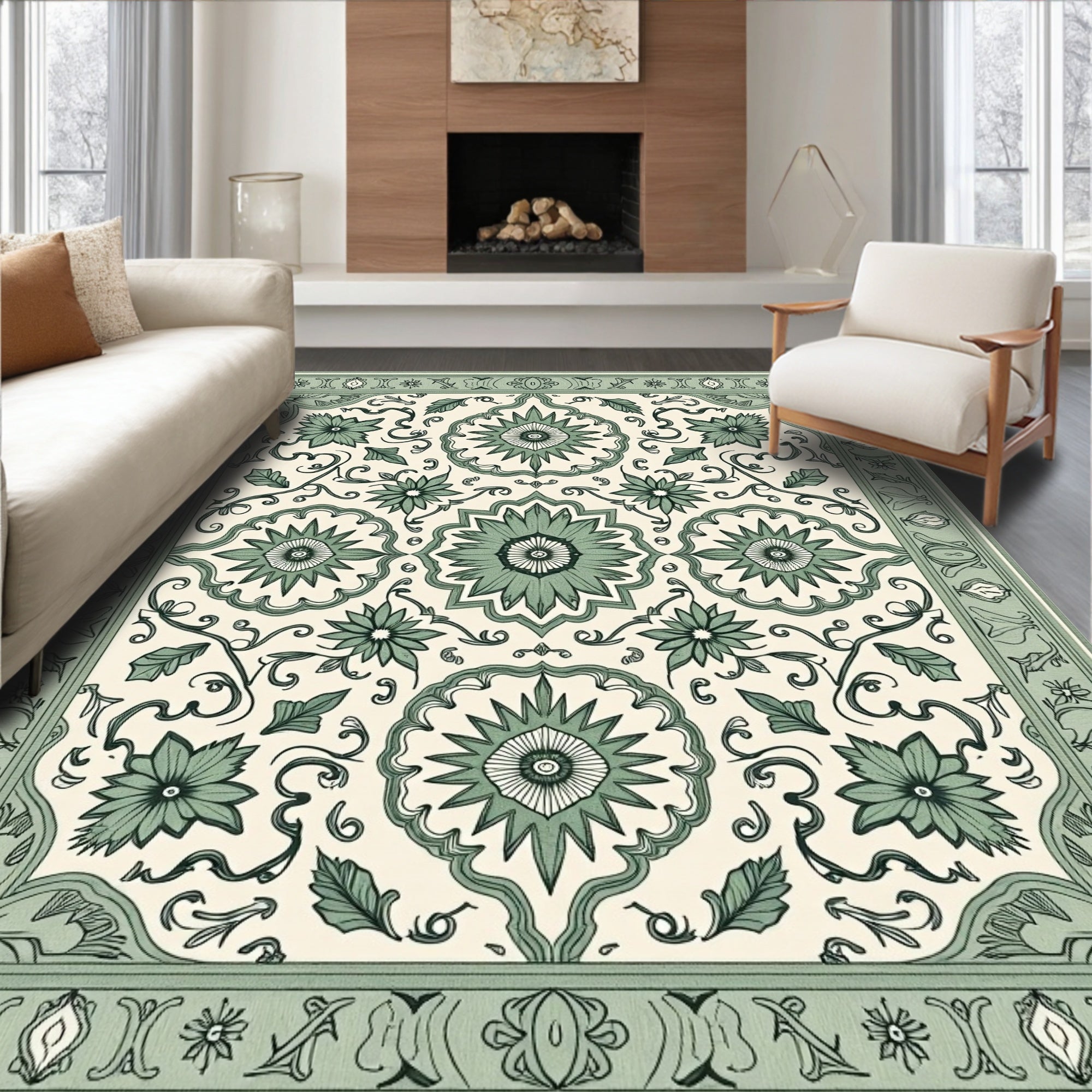 Sage Green Floral Medallion Tapestry Rug