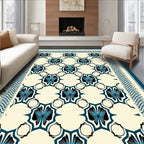 Cream Blue Art Deco Repeating Floral Rug