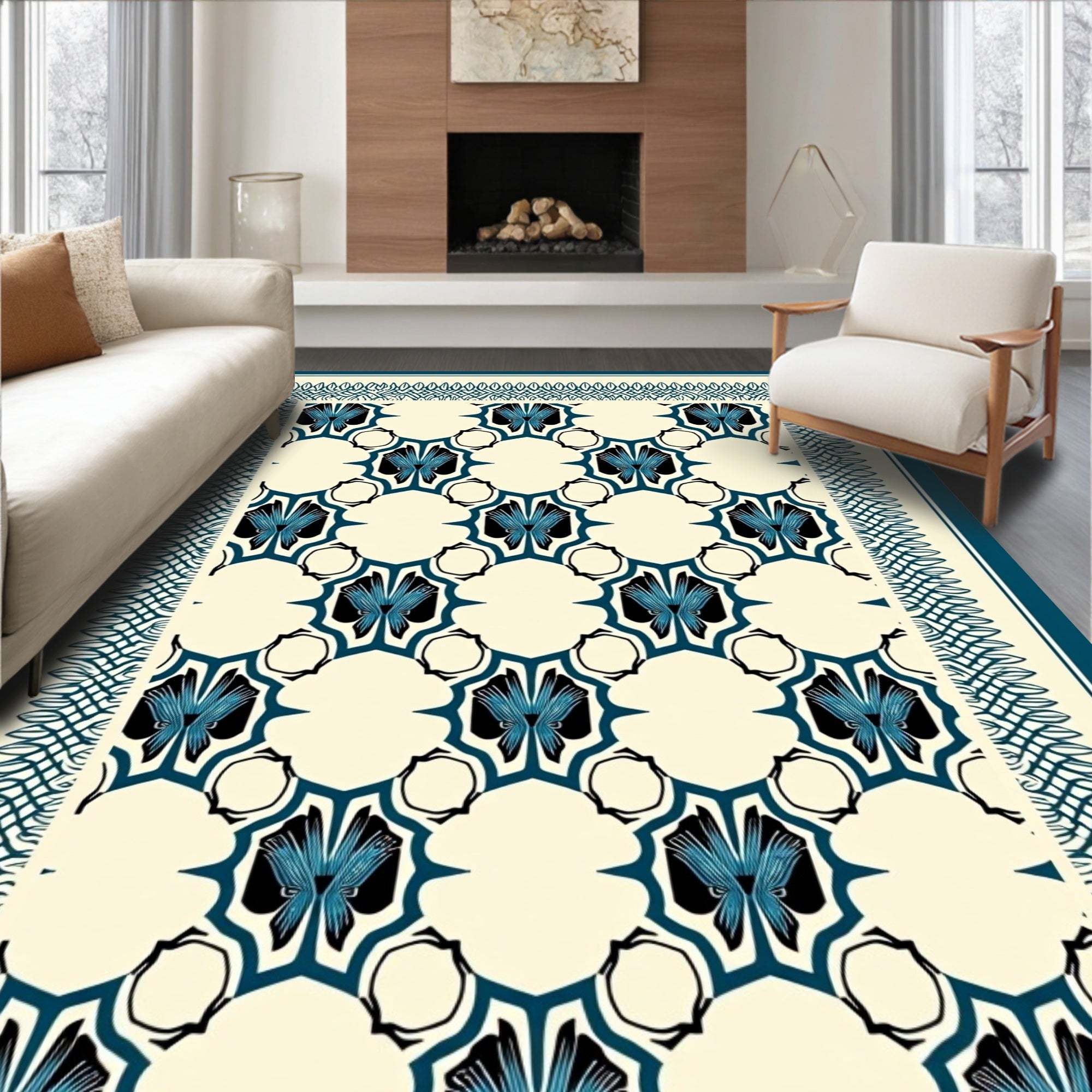 Cream Blue Art Deco Repeating Floral Rug